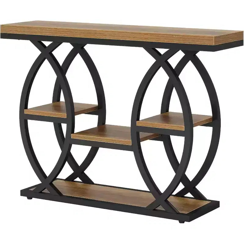 Lantine consoletafel van 39.4, industriële banktafel met 4 niveaus, haltafel met opbergplanken en metalen frame voor kleine ruimtes, gang en hal, bruin