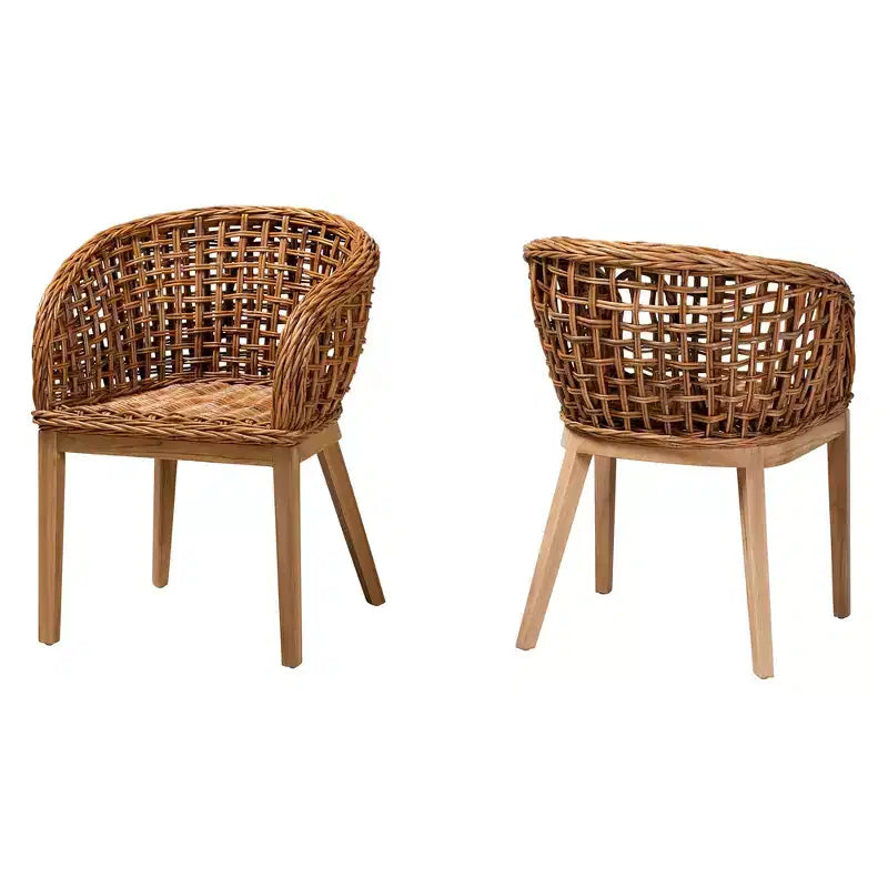 bali & pari Mario modernes Boho-Esszimmerstuhl-Set aus 2 Stück aus natürlich braun gebeiztem Teakholz und Rattan