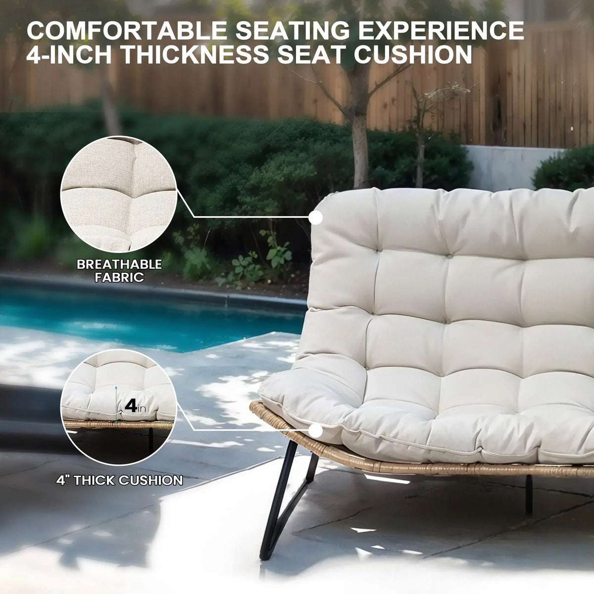 Dubbele papasan-loveseat met kussen, weerbestendig PE-rotan en metalen frame voor binnen en buiten
