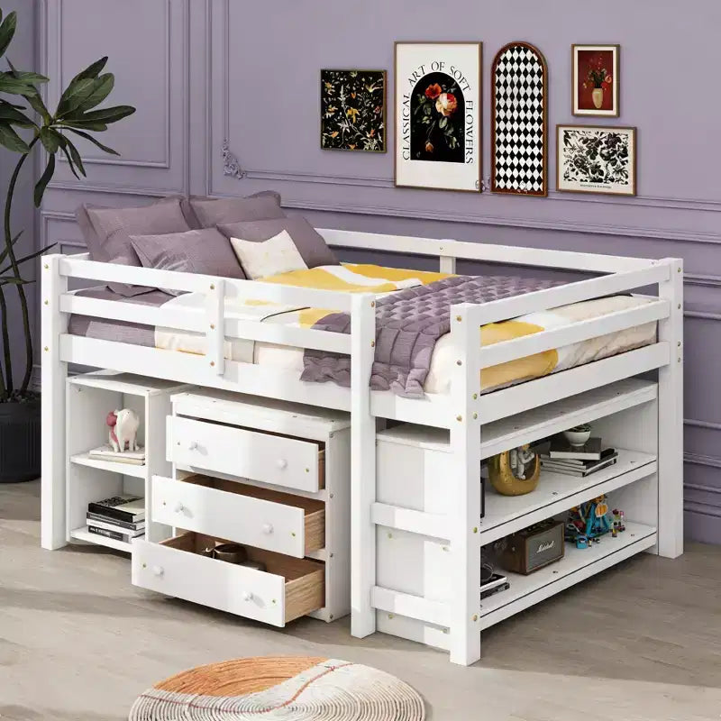 Lit mezzanine bas bas format double avec bureau coulissant, 3 tiroirs et étagères