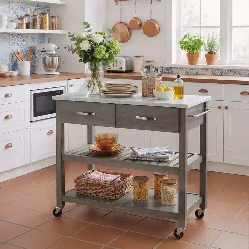 Verrijdbare keukentrolley met marmeren blad, kookeiland van massief hout met 2 lades, keukentrolley met 3 niveaus, vergrendelbare afneembare wielen en handdoekrek