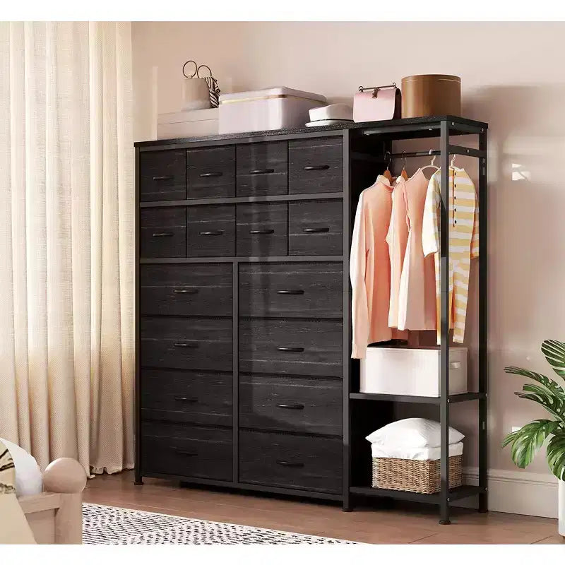 Kommode mit 16 Schubladen, Kleiderstange und Regalen, Stoff-Aufbewahrungsorganizer für Schlafzimmer, Kleiderschrank oder Eingangsbereich