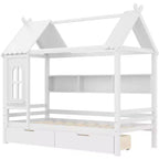 Huisbed met opberglades en raam, frame van massief hout met planken, speels kinderontwerp, lichtwit