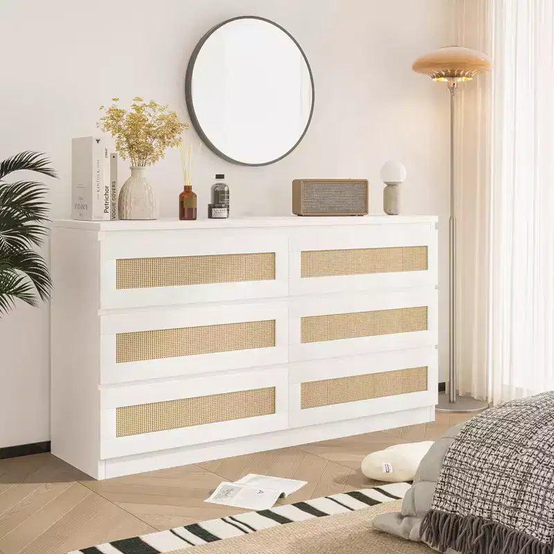 Rattan-Kommode fürs Schlafzimmer mit 6 Schubladen, 47 breite Kommode im modernen Landhausstil, Holz-Aufbewahrungsschrank und Organizer für Kleiderschrank, Wohnzimmer und Flur