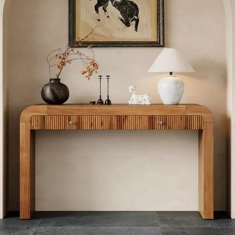 Console rustique Whisen, table d’entrée et table d’appoint avec façade de tiroir cannelée