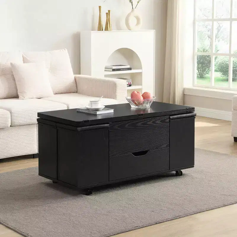 Multifunktionaler moderner Couchtisch mit Hubplatte und verstecktem Stauraum, 4 Hockern und Rollen, perfekt für moderne Wohnräume