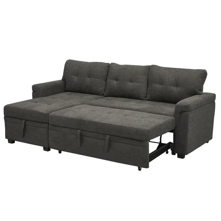 Canapé d’angle convertible et réversible avec lit escamotable, méridienne avec rangement dissimulé et pieds robustes