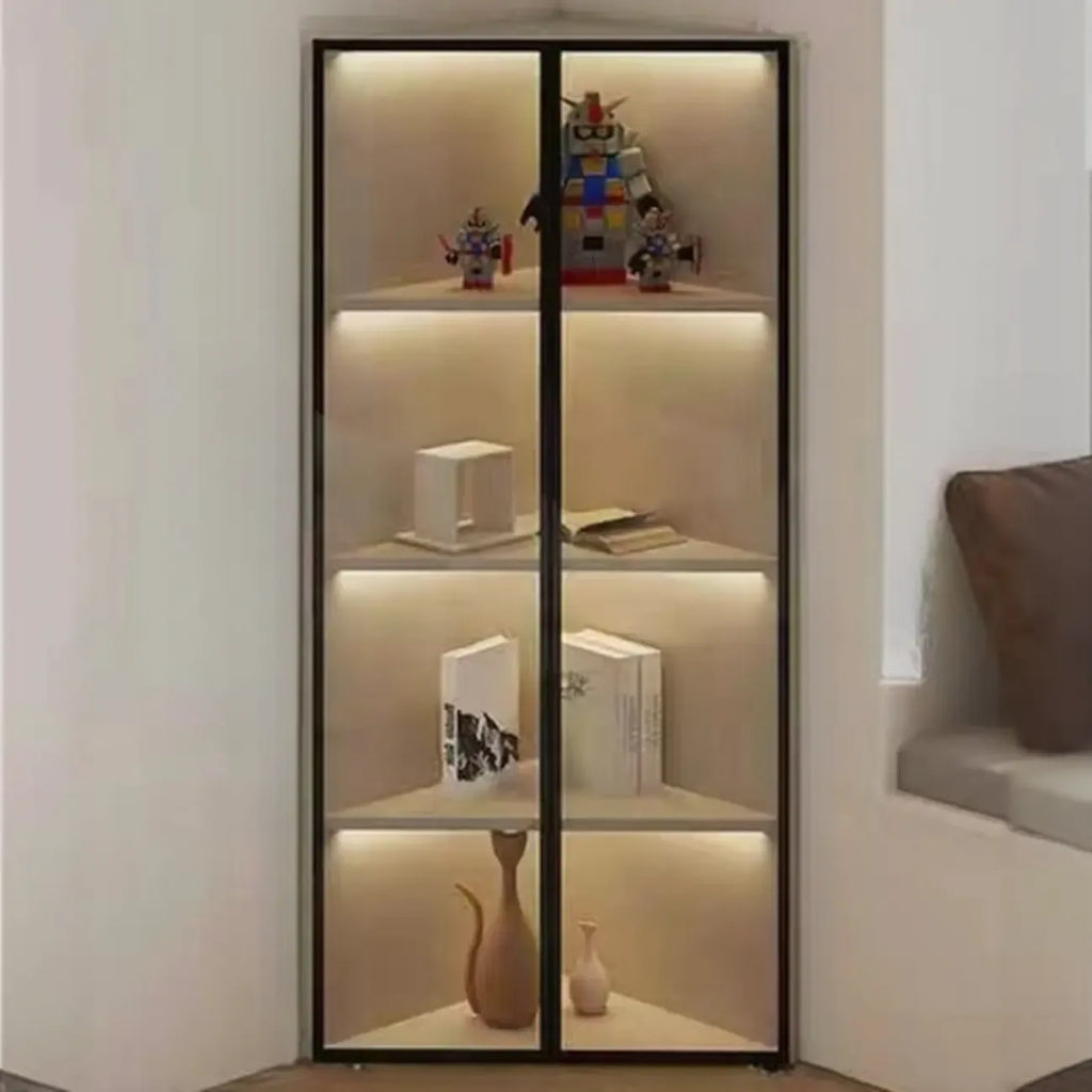 Vitrine d'angle moderne en métal et bois gris avec porte vitrée