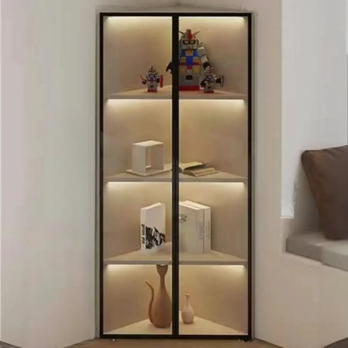 Vitrine d'angle moderne en métal et bois gris avec porte vitrée