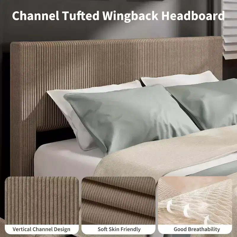 CuisinSmart bedframe van ribfluweel met hoofdbord, gestoffeerd platformbedframe met 4 opbergladen en houten lattenbodem