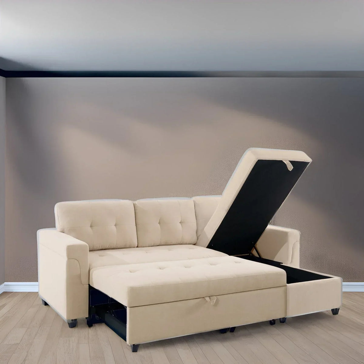 Canapé d’angle convertible et réversible avec lit escamotable, méridienne avec rangement dissimulé et pieds robustes