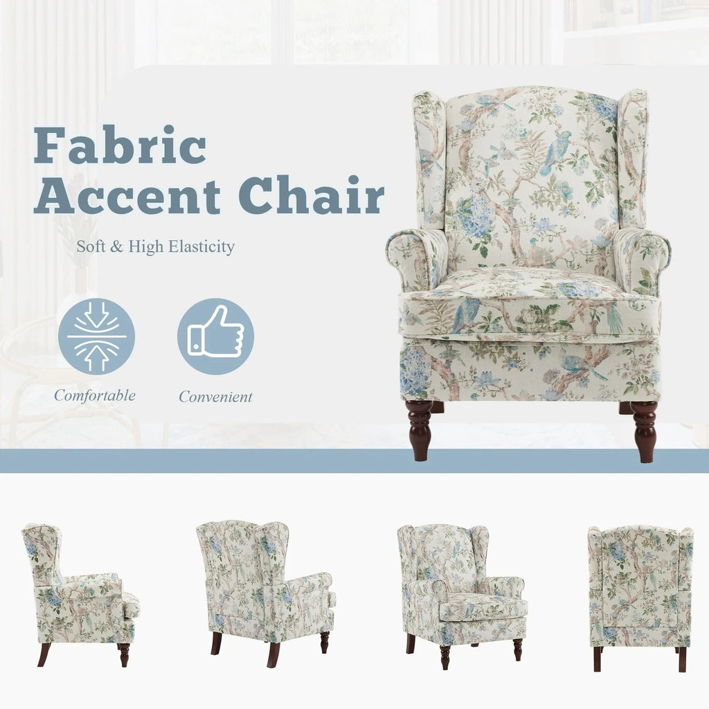 Erommy moderne fauteuil, fauteuil met hoge rugleuning, gestoffeerde eenzitsbank met knopen en houten poten voor de woonkamer