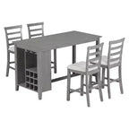 Eethoek in boerderijstijl met 5 delen en stoelen voor 4 personen op aanrechthoogte, rechthoekige houten tafel met opbergplanken en wijnvak