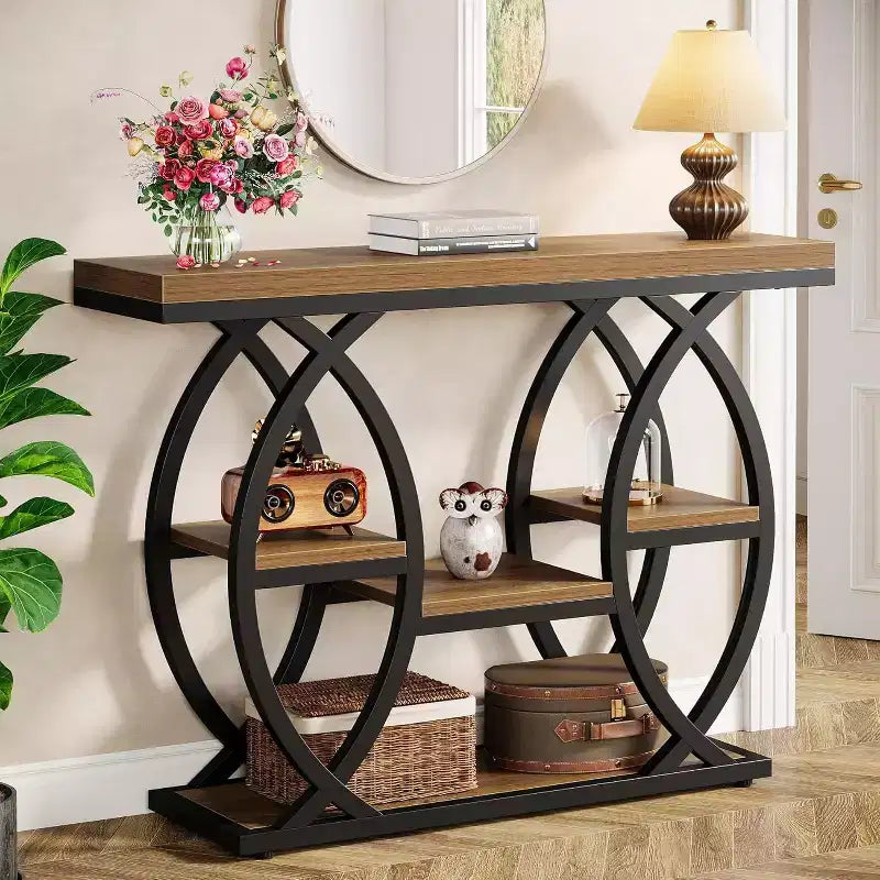 Lantine consoletafel van 39.4, industriële banktafel met 4 niveaus, haltafel met opbergplanken en metalen frame voor kleine ruimtes, gang en hal, bruin