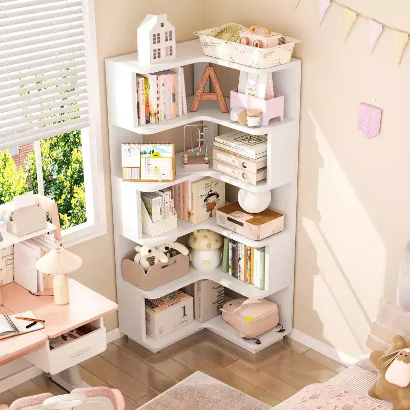 Hoekboekenkast met 6 planken, ruimtebesparend displayrek