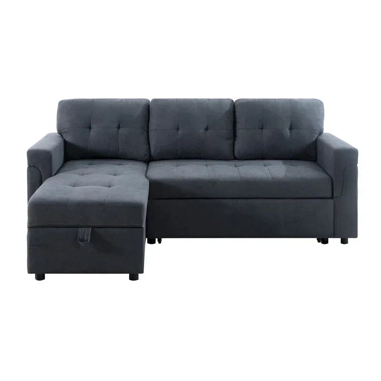 Canapé d’angle convertible et réversible avec lit escamotable, méridienne avec rangement dissimulé et pieds robustes