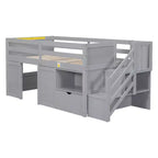 94.6L x 42.3W laag halfhoogslaper van massief hout voor een eenpersoonsbed, met trap, lade en plank, modern en strak ontwerp