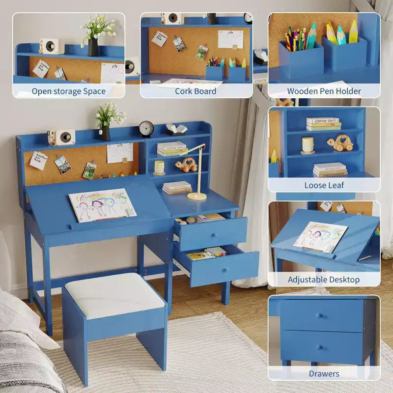 Ensemble bureau et chaise pour enfant, table d’étude en bois avec plateau inclinable réglable, tiroirs et tableau en liège - Ensemble de bureau scolaire pour enfants