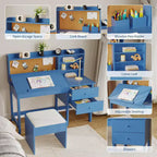 Ensemble bureau et chaise pour enfant, table d’étude en bois avec plateau inclinable réglable, tiroirs et tableau en liège - Ensemble de bureau scolaire pour enfants