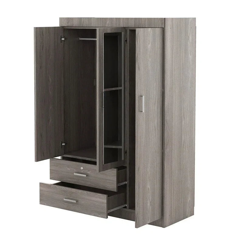 3-Door Mirror Wardrobe with Shelves and 2 Drawers