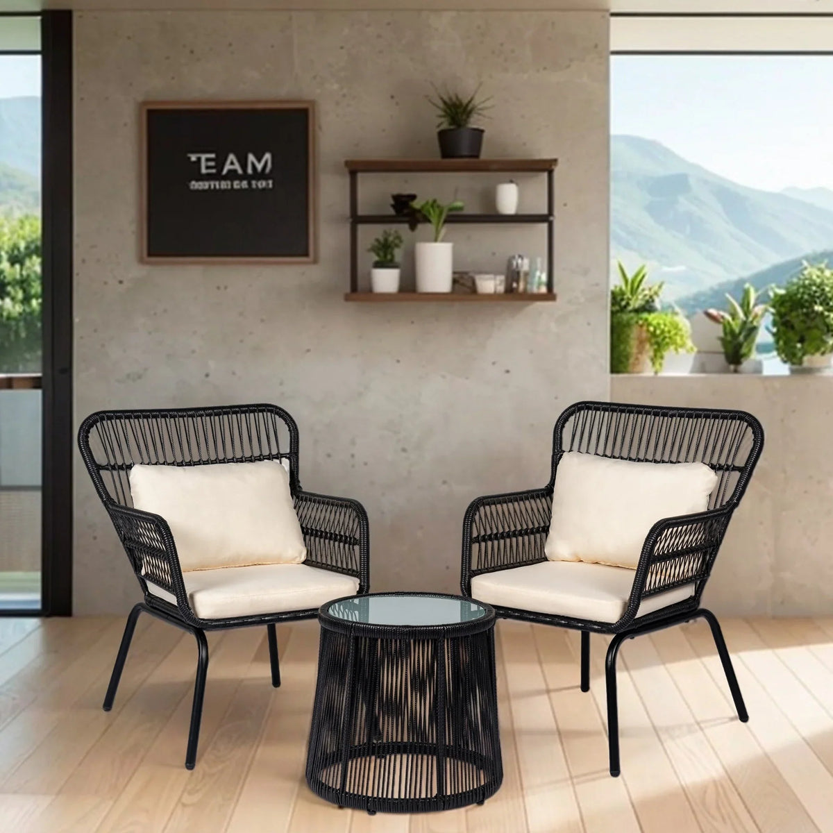 3-teiliges Outdoor-Bistroset aus Korbgeflecht, wetterfeste Rattan-Gartenmöbel mit Stühlen und Kissen