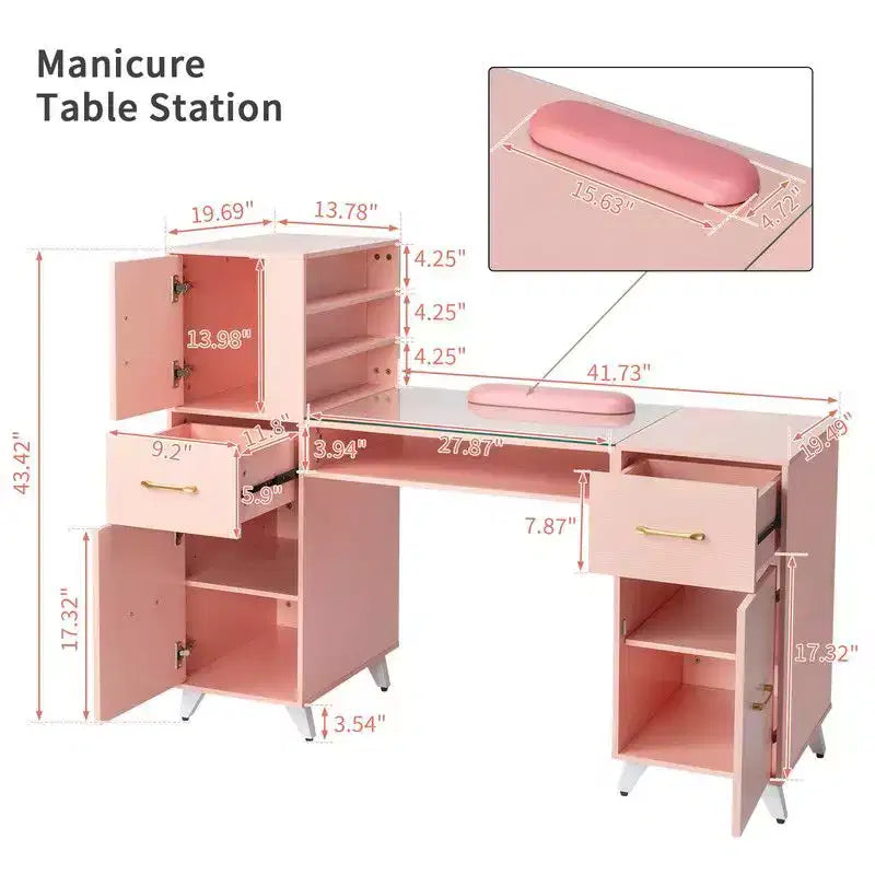 Schwarzer/rosa moderner Nageltisch mit Glasplatte und Handgelenkauflage, Einzelplatz