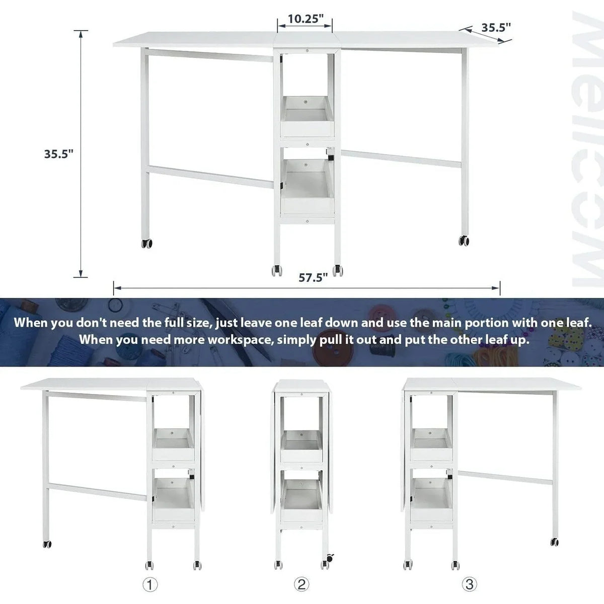 In hoogte verstelbare knutseltafel met opbergplanken, mobiele opvouwbare snijtafel voor thuiskantoor, naaikamer of hobbykamer