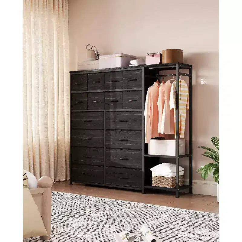 Kommode mit 16 Schubladen, Kleiderstange und Regalen, Stoff-Aufbewahrungsorganizer für Schlafzimmer, Kleiderschrank oder Eingangsbereich