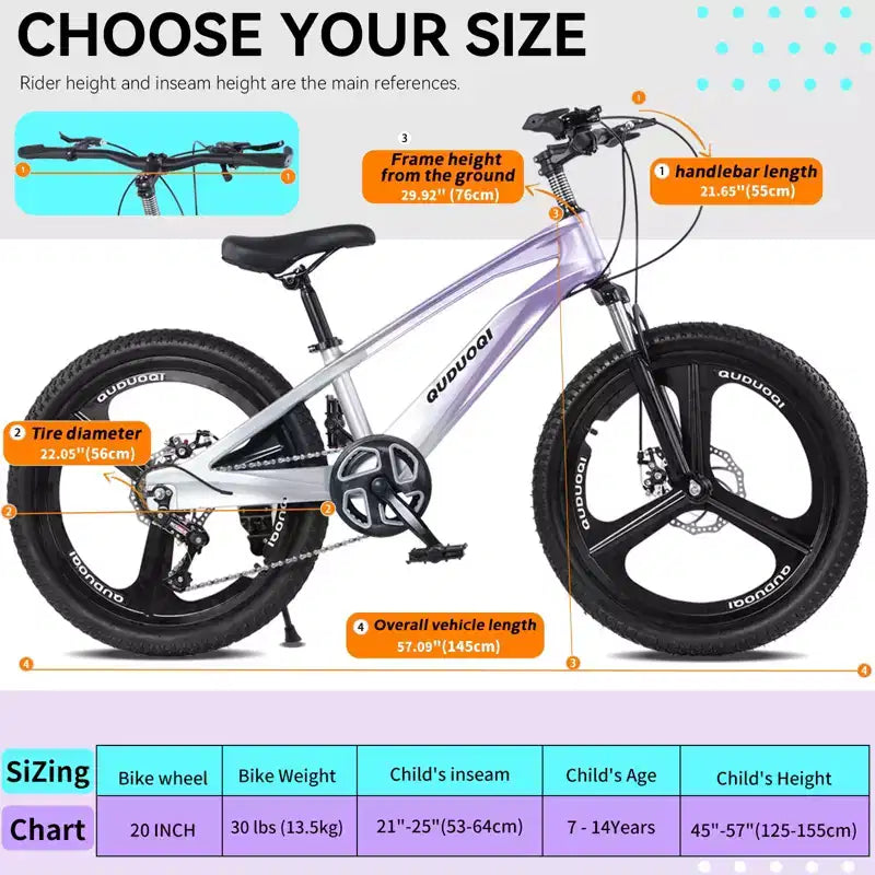 NAYSAYE mountainbike voor kinderen van 20 inch met 7 versnellingen en frame van magnesiumlegering, voor jongens en meisjes van 8-12 jaar, 57.09*21.65*29.92