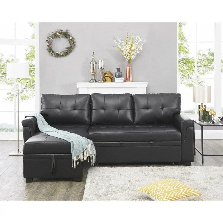 Canapé d’angle convertible et réversible avec lit escamotable, méridienne avec rangement dissimulé et pieds robustes