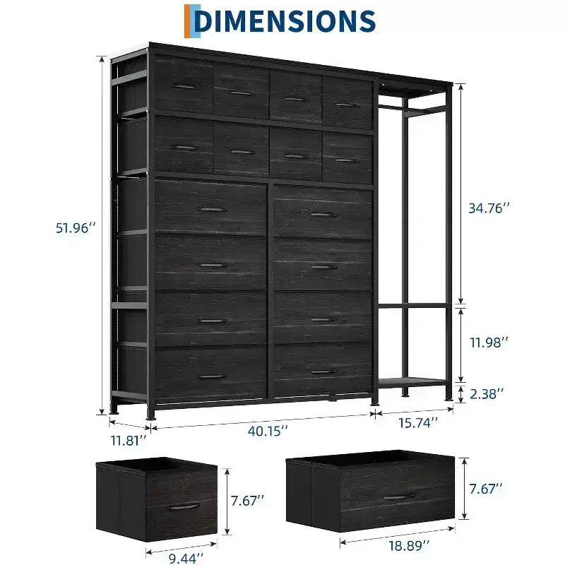 Kommode mit 16 Schubladen, Kleiderstange und Regalen, Stoff-Aufbewahrungsorganizer für Schlafzimmer, Kleiderschrank oder Eingangsbereich