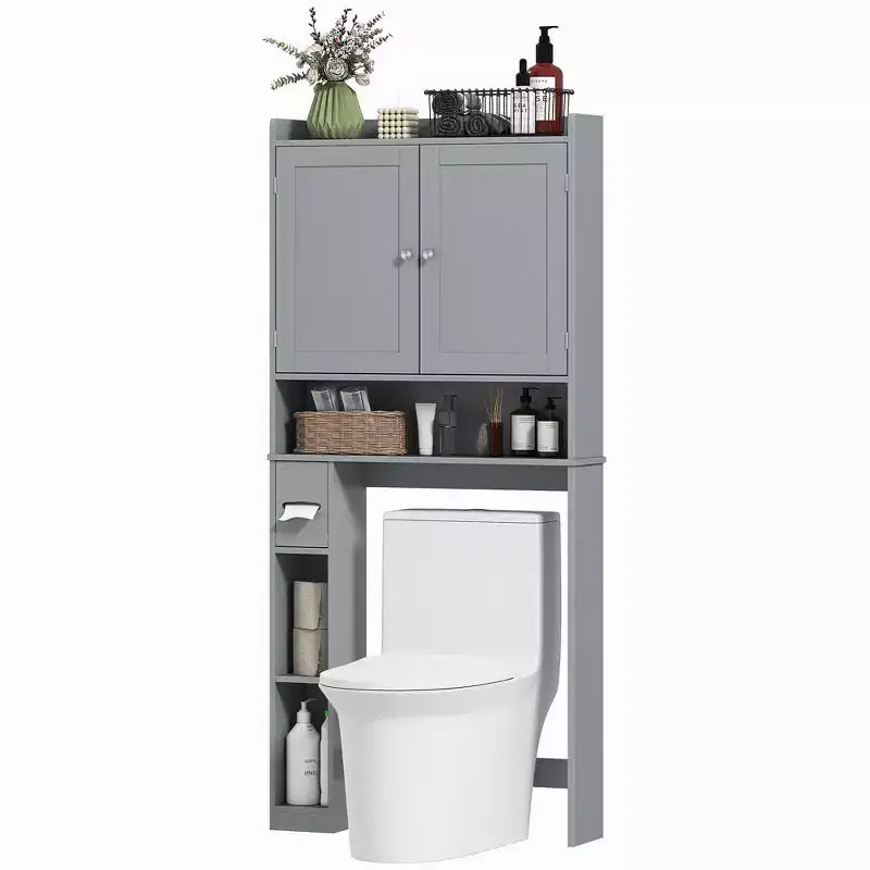 HOMCOM opbergkast boven het toilet, moderne badkamerorganizer met 2 deuren, toiletrolhouder en vrijstaand ruimtebesparend ontwerp