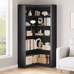 Zwart/wit/hout/retro, L-vormige hoekboekenkast, 5 niveaus, enkel