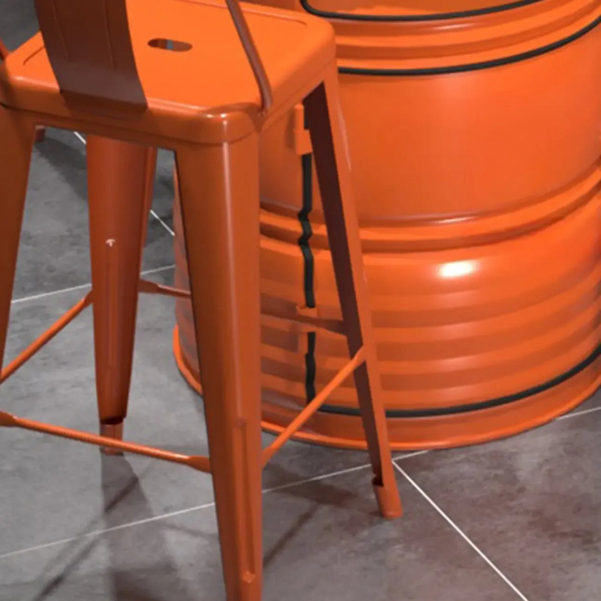 Tables de bar industrielles en métal noir et orange, en forme de fût, avec rangement