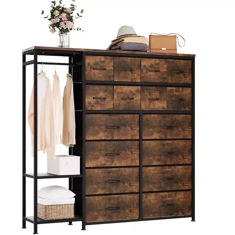 Kommode mit 16 Schubladen, Kleiderstange und Regalen, Stoff-Aufbewahrungsorganizer für Schlafzimmer, Kleiderschrank oder Eingangsbereich