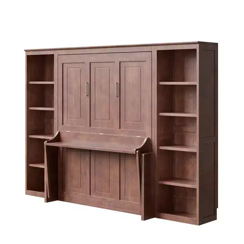 Opklapbed voor een tweepersoonsbed/queensize bed, ruimtebesparend wandbed met bureau en boekenkast, donkerbruin - ModernLuxe