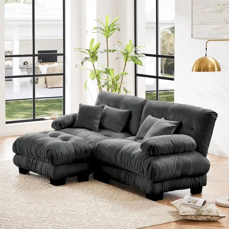 L-vormige loveseat, hoekbank van chenille met lendenkussens
