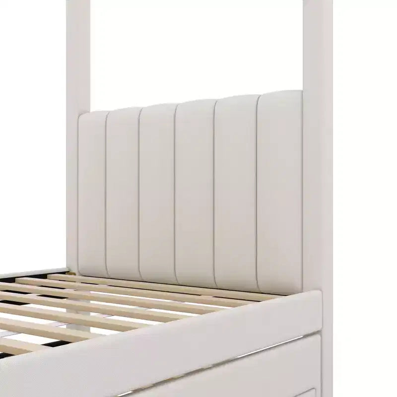 Polsterbett mit Himmelgestell in Full Size aus Leinen, mit Ausziehbett und drei Schubladen