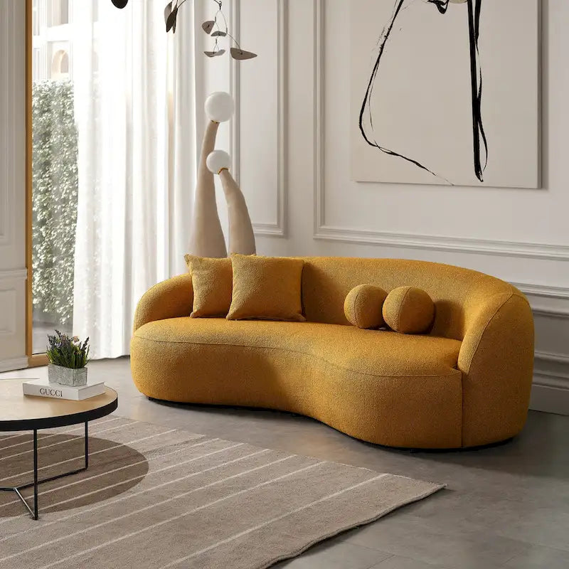 Blaine luxe, moderne gebogen bank van boucléstof in Japandi-stijl