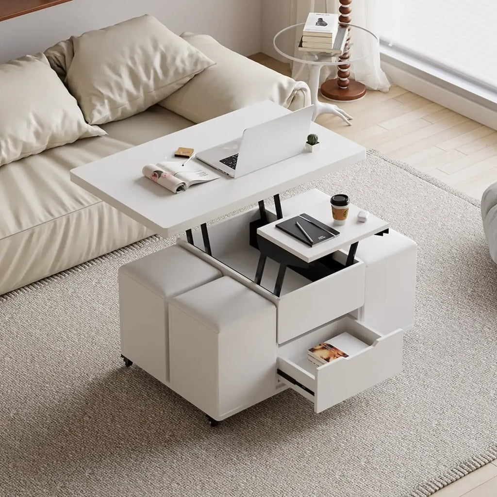 Klappbarer Couchtisch mit Hubplatte, 4 Hockern und Stauraum