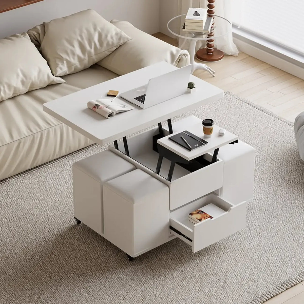 Klappbarer Couchtisch mit Hubplatte, 4 Hockern und Stauraum