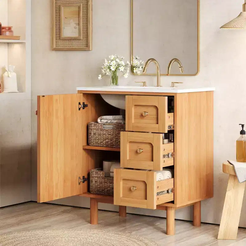 JVNOXK 30-calowa ceramiczna szafka łazienkowa w stylu rustykalnym i nowoczesnym, z 3 szufladami i 1 dużymi drzwiczkami z cichym domykiem, szafka do przechowywania, naturalny rysunek drewna