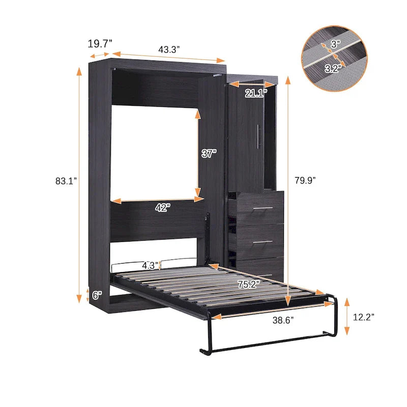 Grijs opklapbaar wandbed met kledingkast en 3 laden, tweepersoonsbed/eenpersoonsbed, voor 1 persoon