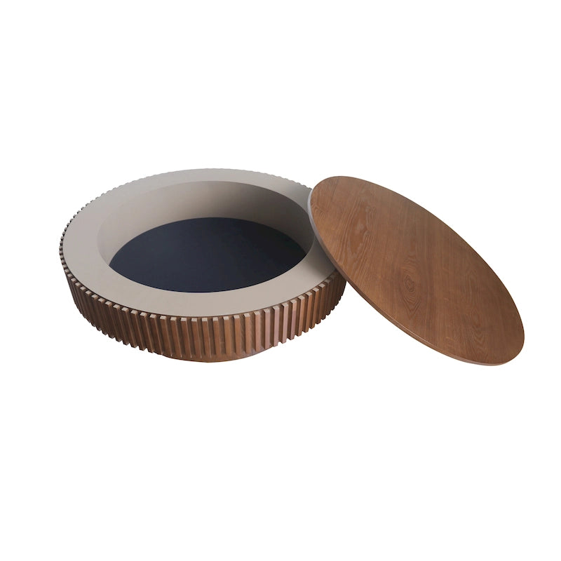 Moderne ronde salontafel van gefineerd massief hout met opbergruimte