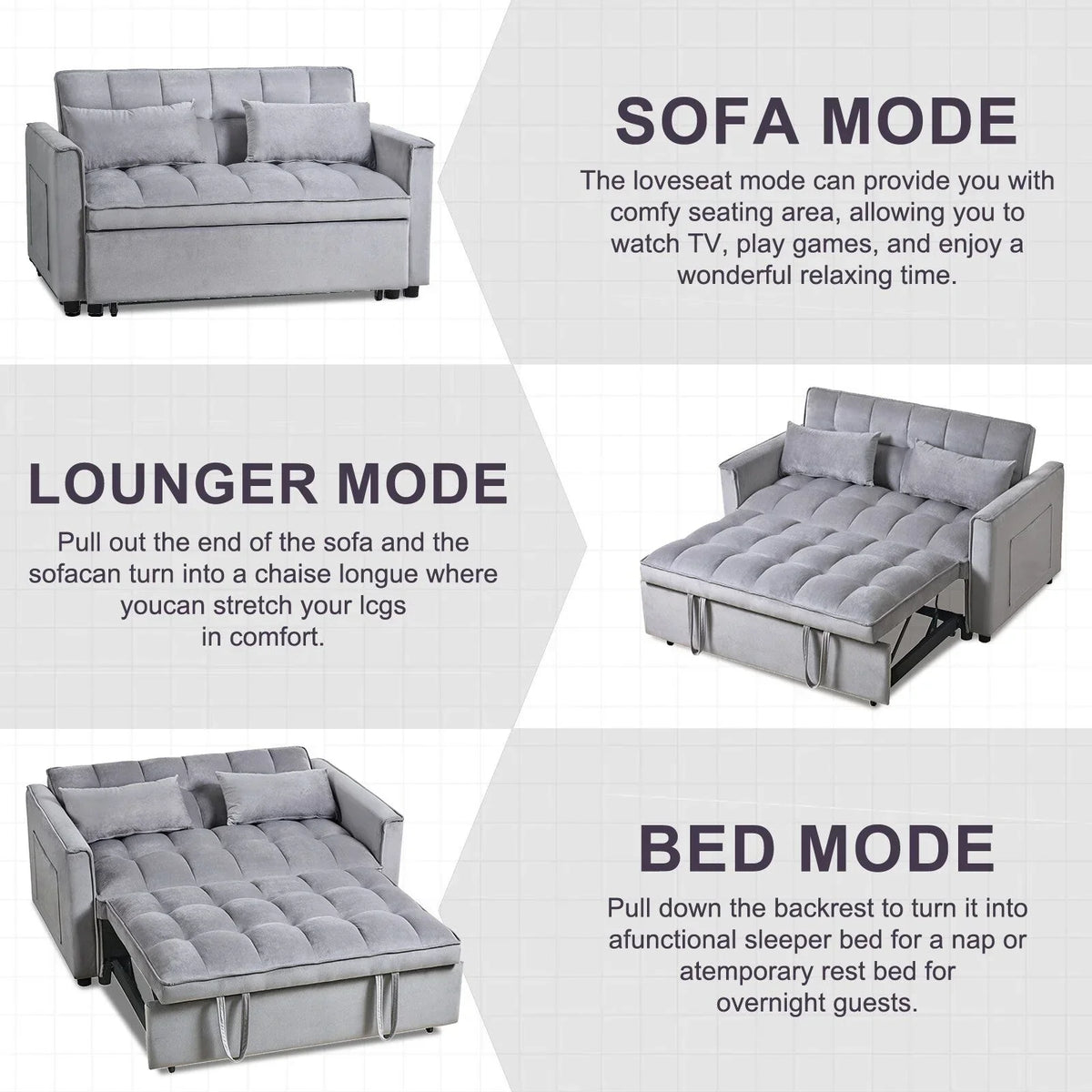 Modernes Ausziehsofa mit Schlaffunktion, 3-in-1-Schlafsofa mit verstellbarer Rückenlehne, Samt-Zweisitzer, Kissen und Seitentaschen