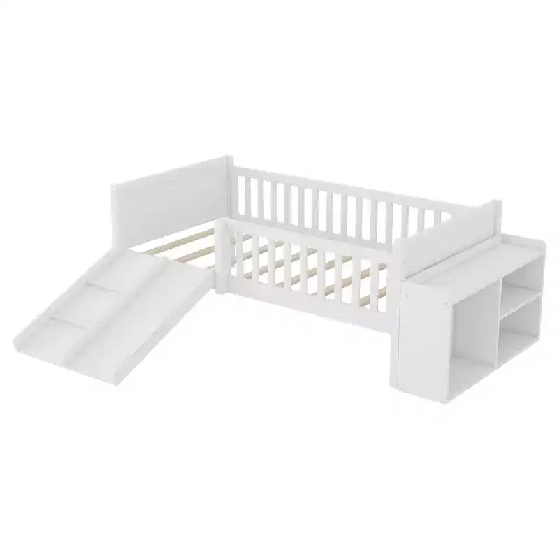 Lit mezzanine bas Whisen format une place pour enfants avec toboggan, bibliothèque de rangement mobile et barrières de sécurité