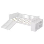 Lit mezzanine bas Whisen format une place pour enfants avec toboggan, bibliothèque de rangement mobile et barrières de sécurité