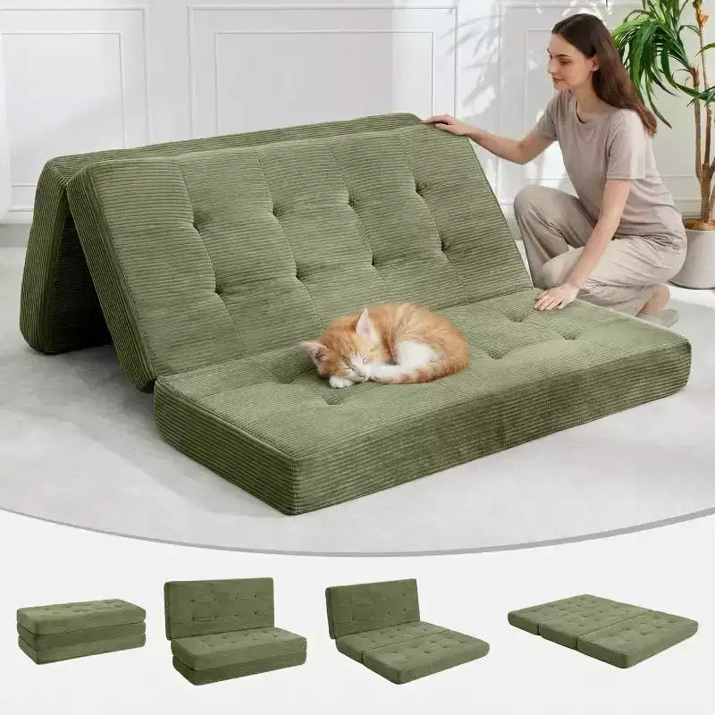 SunnyFurn drievoudig opvouwbaar matras en slaapbank van 6 Inch, opvouwbaar schuimrubberen logeerbed van 75X54.3 met geribde ribfluweelbekleding, draagbaar voor kamperen, woonkamer en slaapkamer