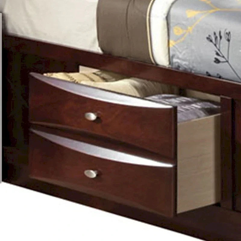 Bed met paneelontwerp, queensize, met boekenkast en lades, bruin