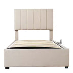 Bellemave eenpersoons opbergbed met liftmechanisme, gestoffeerd platformbed met hydraulisch opbergsysteem, hoofdbord met verticale strepen, beige